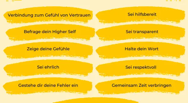 Grafik mit 11 Tipps, um Vertrauen aufzubauen: Sei ehrlich, transparent, hilfsbereit und halte dein Wort.