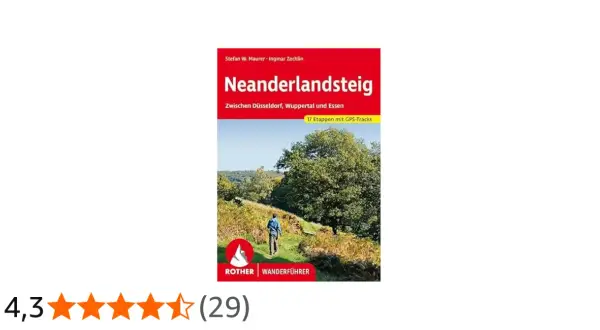 Der Wanderführer "Neanderlandsteig" zeigt eine Person auf einem Wanderweg durch eine grüne Landschaft. Er beschreibt 17 Etappen mit GPS-Tracks.