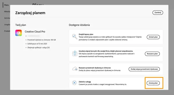 Ekran zarządzania planem Creative Cloud Pro z widocznym przyciskiem "Anuluj plan".