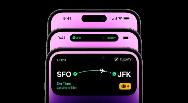 Trzy telefony z dynamic island. Jeden pokazuje lot do JFK, drugi szczegóły lotu SFO-JFK.