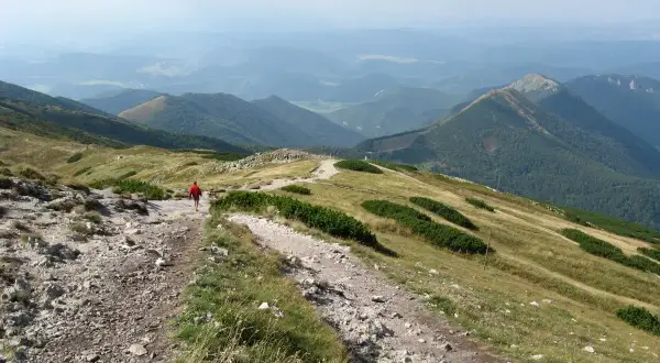 Wędrówka po górach Słowacji na weekend. Widok na zielone wzgórza i doliny, kamienista ścieżka, samotny turysta w czerwonej kurtce.