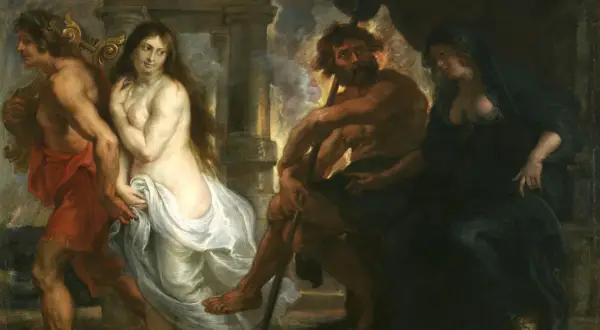 Orfeusz z lirą prowadzi Eurydykę przez Hades, gdzie siedzi Hades i Persefona.