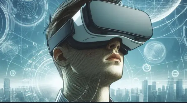 Un hombre con gafas de RV explora un mundo digital, ilustrando qué es el metaverso y cómo funciona.