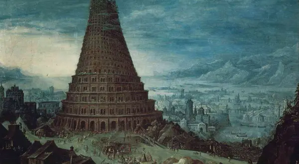 Wieża Babel streszczenie: monumentalna budowla wznosi się nad miastem, wokół niej ruch budowlany i ludność.