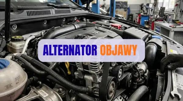 Silnik samochodu z widocznym alternatorem, który ładuje akumulator. Napis "ALTERNTOR OBJAWY" sugeruje problemy z ładowaniem.