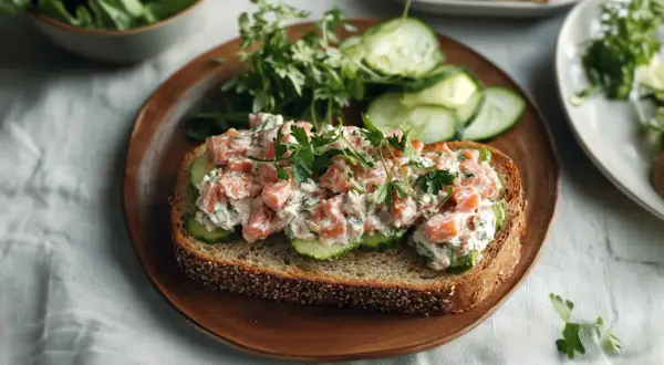 Pyszna pasta z wędzonego pstrąga na kromce chleba z ogórkiem i ziołami. Idealna na szybkie śniadanie lub przekąskę.