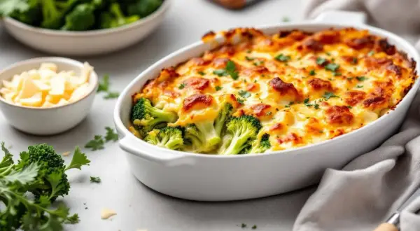 Un délicieux gratin de brocolis tout juste sorti du four, gratiné à souhait et parsemé de persil frais. À côté, un bol de fromage râpé et des bouquets de brocolis crus.