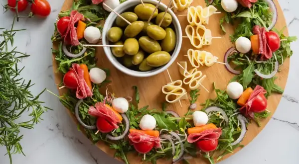 Kolorowe przekąski sałatki na imprezę: szaszłyki z pomidorkami, mozzarellą, salami i marchewką, oliwki i serowe zawijasy.