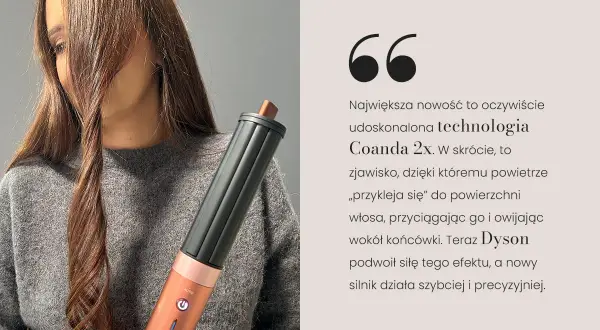 Kobieta z kręconymi włosami trzyma urządzenie Dyson Airwrap z technologią Coanda 2x, która ułatwia stylizację.