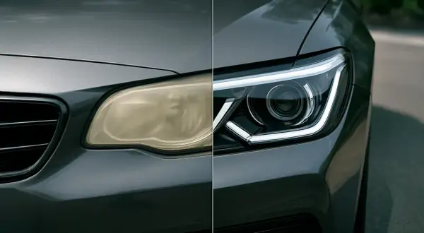Faro auto ingiallito a sinistra, brillante a destra. Il materiale policarbonato recupera la sua trasparenza.
