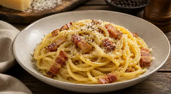 Pyszne spaghetti carbonara z chrupiącym guanciale, posypane parmezanem i pieprzem. To właśnie guanciale co to jest, sekret smaku!