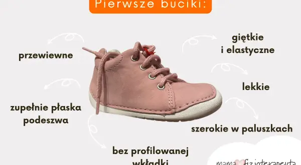 Różowe buciki dla dziecka: przewiewne, lekkie, elastyczne, szerokie w paluszkach, z płaską podeszwą. Idealne pierwsze buty dla malucha, polecane przez fizjoterapeutę.