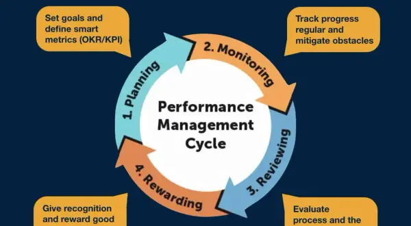 Ciclo di performance management: pianificazione, monitoraggio, revisione e ricompensa. Esempi pratici per ogni fase.