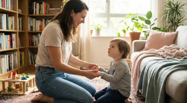 Mama i dziecko trzymają się za ręce, wspierając rozwój dziecka w przytulnym pokoju z książkami i zabawkami.