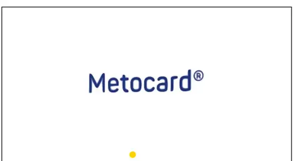 Niebieski napis Metocard® na białym tle.