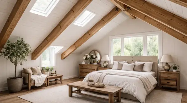 Dormitorio acogedor con techos con vigas de madera vistas, tragaluces y una cama confortable.
