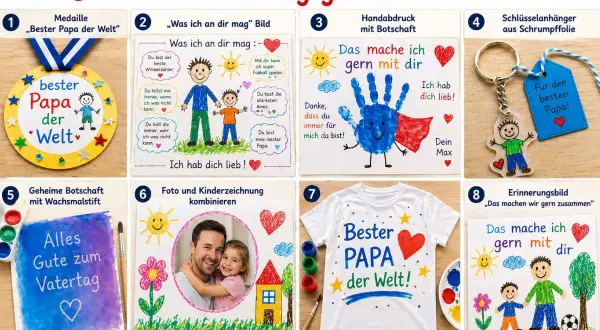 8 kreative Vatertagsgeschenke für Kinder: Medaille, Bild, Handabdruck, Schlüsselanhänger, geheime Botschaft, Foto-Kombi, T-Shirt und Erinnerungsbild. Tolle Ideen zum Basteln Vatertag Kinder!