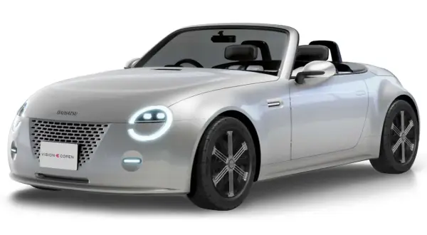 Srebrny kabriolet Daihatsu Vision Copen z okrągłymi światłami i sportowymi felgami.