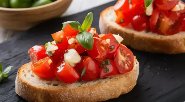 Deux bruschettas garnies de tomates fraîches, de mozzarella et de basilic, parfaites pour une recette facile.
