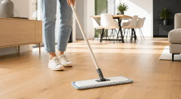Pulire il parquet con rimedi della nonna, un gesto antico per una casa splendente. La persona pulisce il pavimento in legno con uno straccio.