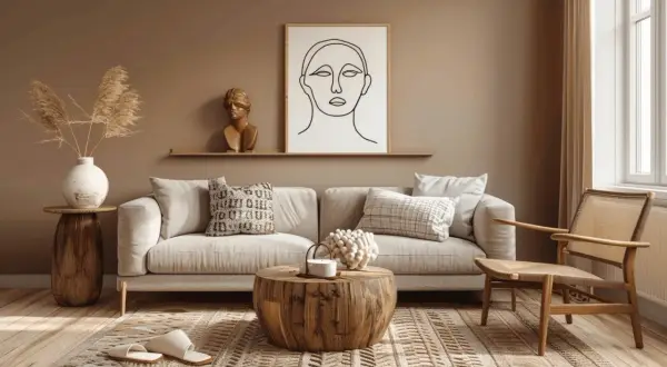 Gemütliches Wohnzimmer mit beigem Sofa, Holztisch und einem Bild mit abstrakter Frau. Die Farben braun mischen sich harmonisch mit den neutralen Tönen.