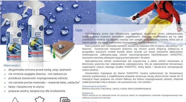 Impregnat do kurtek przeciwdeszczowych NANOTEC chroni odzież przed wodą i plamami, zapewniając jej długotrwałą ochronę.