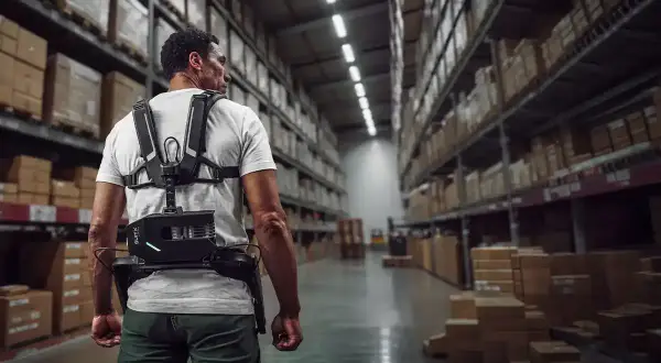 Un uomo indossa un'imbracatura, un esempio di cos'è l'esoscheletro, in un magazzino pieno di scaffali.