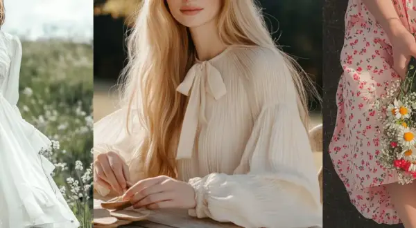 Tres escenas de estilo cottagecore: vestido blanco en campo, blusa crema con lazo, y vestido floral con ramo de margaritas.