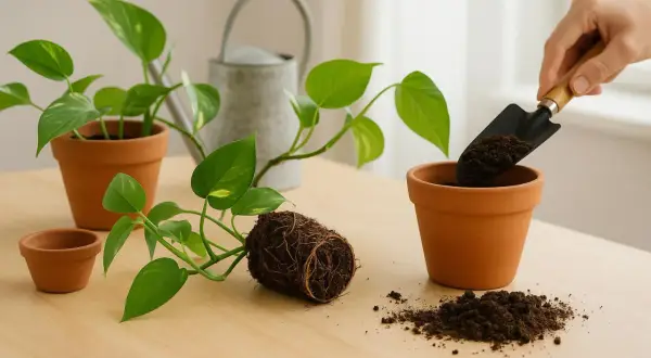 Umtopfen einer grünen pothos pflanze mit Wurzelballen und Erde auf einem Holztisch.
