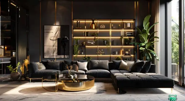 Luxuriöses Wohnzimmer mit schwarzer Wand gestalten. Goldene Akzente und Beleuchtung setzen die Regale in Szene. Ein großes Sofa lädt zum Entspannen ein.