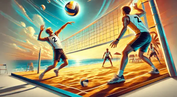 Dynamiczne zagranie siatkarza na plaży, piłka w locie, zachód słońca.