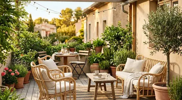 Une charmante terrasse en L, baignée de soleil, avec des meubles en rotin, des plantes luxuriantes et des guirlandes lumineuses. Parfait pour des soirées d'été.