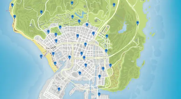 Übersicht der GTA 5 Karte mit vielen blauen Markierungen, die wichtige Orte in Los Santos und Umgebung anzeigen.
