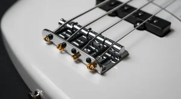 Błyszcząca, biała gitara basowa elektryczna z chromowanym mostkiem i złotymi detalami.