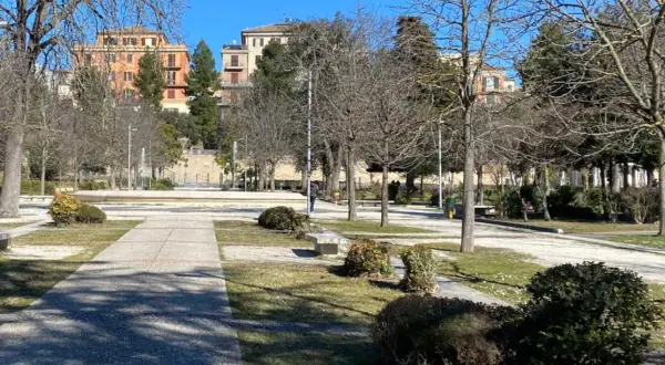 Passeggiata invernale nei giardini Diaz a Macerata, con alberi spogli e palazzi sullo sfondo.
