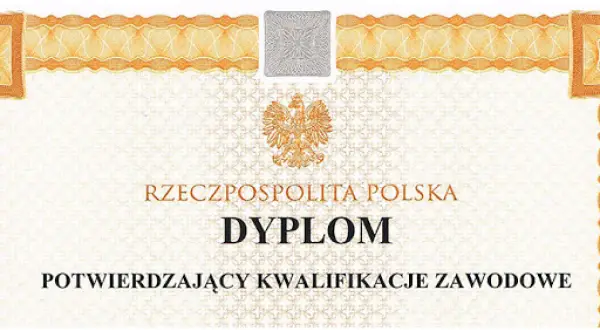 Fragment dyplomu Rzeczypospolitej Polskiej potwierdzającego kwalifikacje zawodowe.