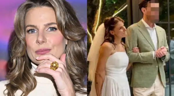 Marta Wierzbicka w białej sukni ślubnej i z narzeczonym. Uśmiechnięta Marta Wierzbicka na innej sesji z okazałym pierścionkiem.