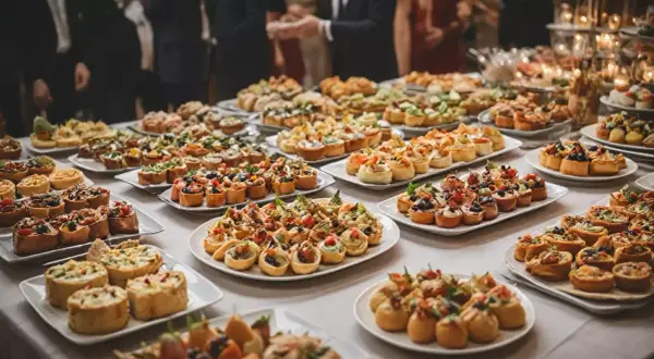 Stół uginający się od przekąsek w stylu a la carte: tartaletki, kanapeczki i mini quiche.