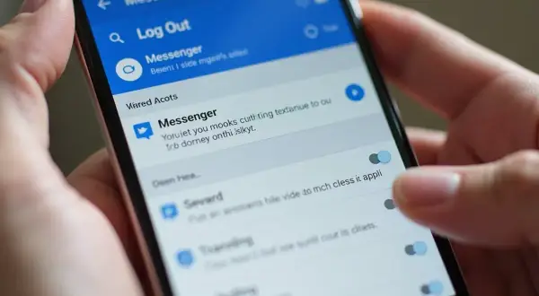 Ustawienia Messengera na telefonie. Widoczna opcja "Wyloguj" i przełączniki powiadomień. Dowiedz się, jak wyłączyć Messengera.