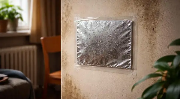 Próba zatrzymania wilgoci na ścianie za pomocą folii aluminiowej. Widoczne ciemne plamy pleśni, które pokazują, dlaczego wychodzi wilgoć na ścianach.