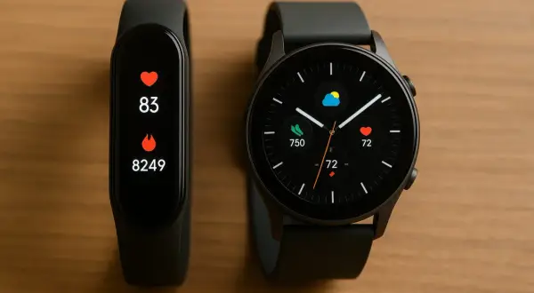 Deux montres connectées sur un bureau en bois. L'une affiche le rythme cardiaque et les pas, l'autre la météo et le rythme cardiaque. Apprenez comment activer le bluetooth sur une montre connectée.