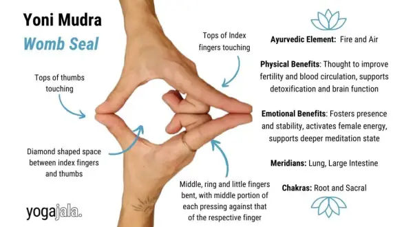 Manos formando el Yoni Mudra, "Sello del Útero". Dedos índices y pulgares unidos, creando un espacio romboidal. Beneficios para fertilidad y meditación.