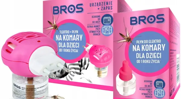Różowe urządzenie BROS z płynem do kontaktu to bros do kontaktu dla dzieci, zapewniające ochronę przed komarami od 1 roku życia.