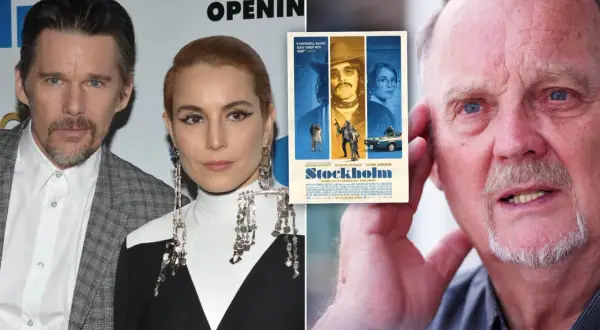 Ethan Hawke, Noomi Rapace och filmaffisch för "Stockholm" som skildrar norrmalmstorgsdramat med Janne Olsson. Även en bild på en äldre man.