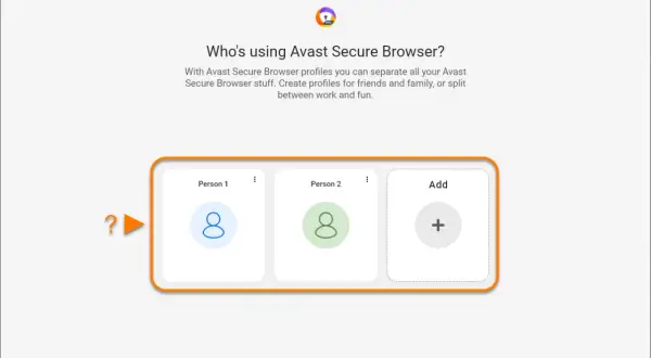 Avast Secure Browser pozwala tworzyć profile dla każdego użytkownika, np. "Osoba 1", "Osoba 2", ułatwiając organizację.
