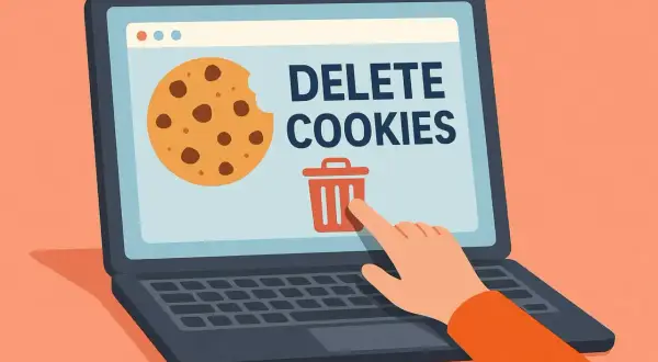 Ręka klika ikonę kosza na śmieci na ekranie laptopa, obok ciasteczka i napisu "DELETE COOKIES". Dowiedz się, jak usunąć pliki cookies.