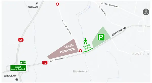 Mapa dojazdu na pokazy lotnicze Leszno. Parking P1 i teren pokazów blisko ul. Szybowników. Dojazd S5, 12.