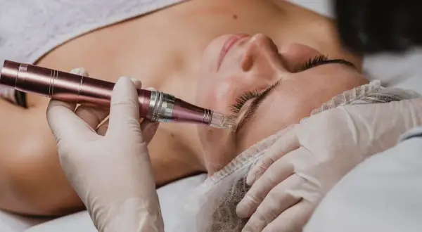 Manos enguantadas realizan microneedling capilar en la frente de una mujer. El dispositivo de microneedling tiene un cabezal con agujas finas.