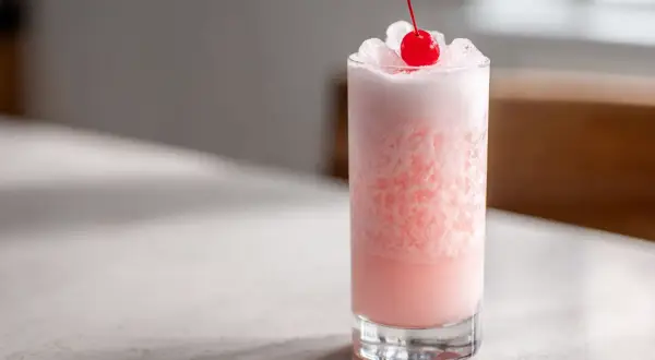 En rosa pantern drink, isig och toppad med ett körsbär, ser uppfriskande ut på en ljus bänk.