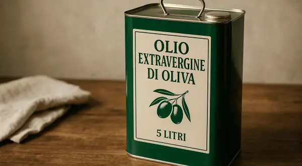 Latta verde da 5 litri di olio extravergine di oliva, con etichetta bianca e disegno di olive. Quanto tempo può stare l'olio nella latta? La conservazione è fondamentale.
